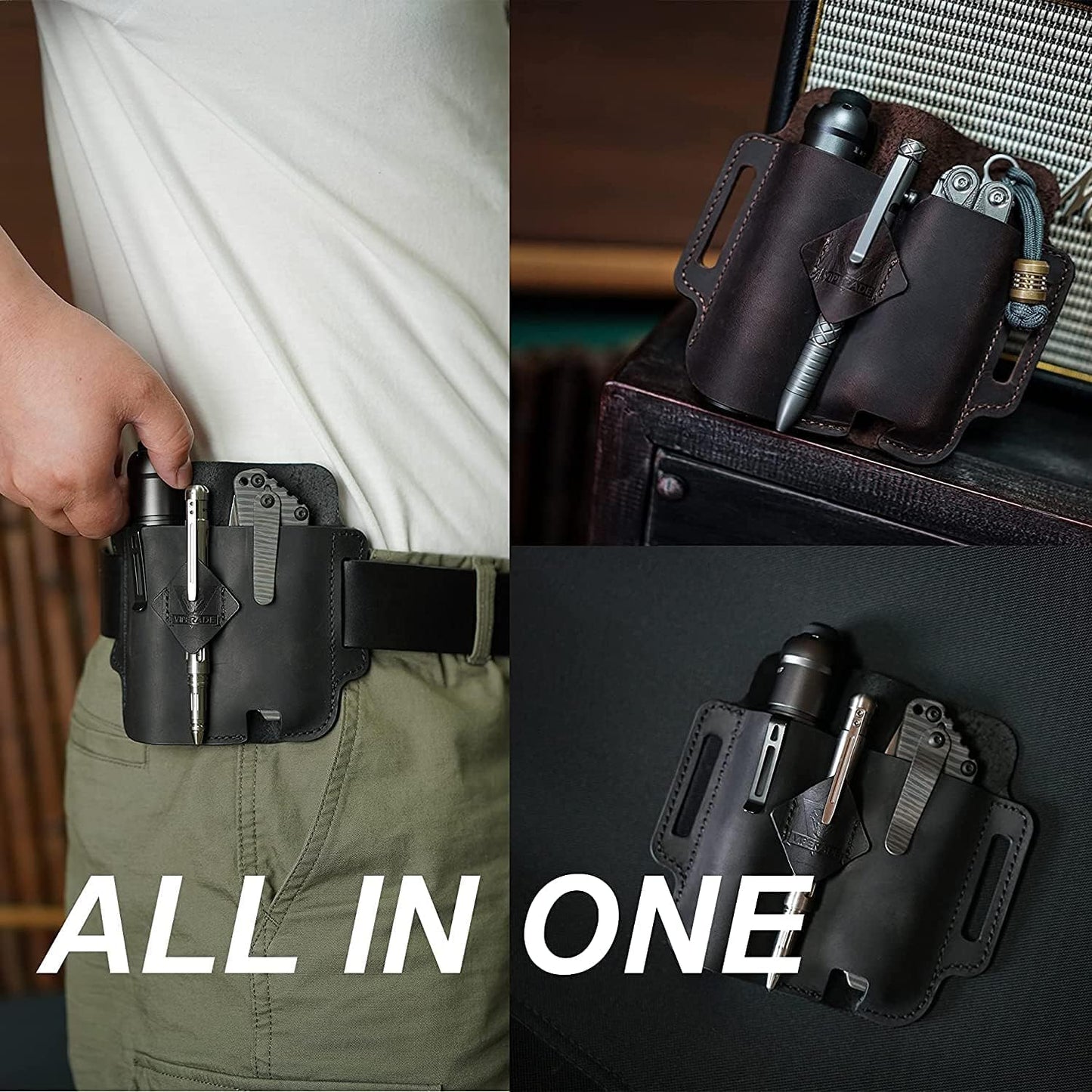 PJ19 Multitool Sheath, EDC Belt Organizer Sheath for Men, Leather Sheath for Men, Leather Flashlight Holster for Belt, Pen Holder for Tactical Pen